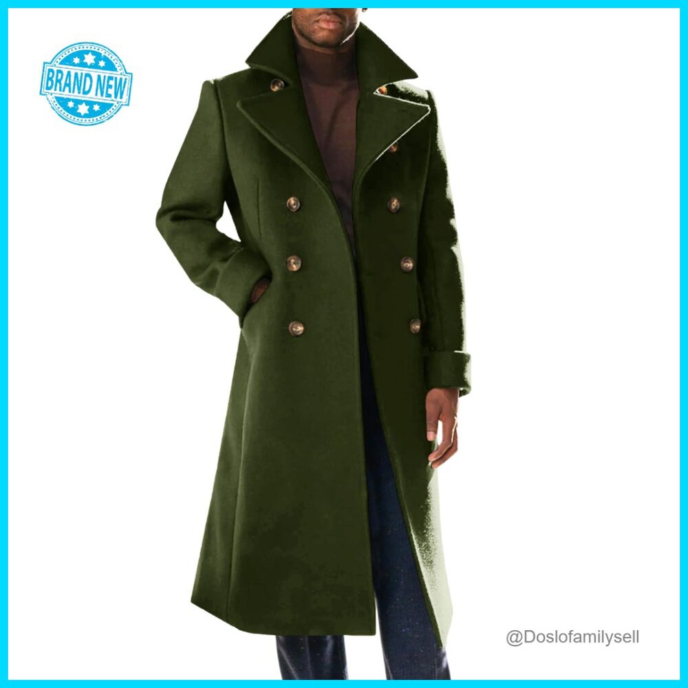 Men's Slim Fit Trench Coat Double Breasted Wool Blend Overcoat Classic Elegant